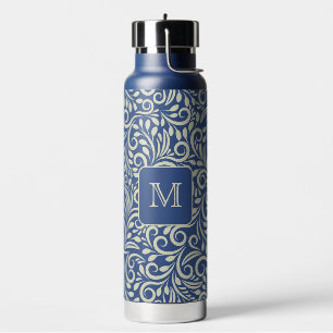 Botella De Agua Patrón de hoja floral monograma personalizado