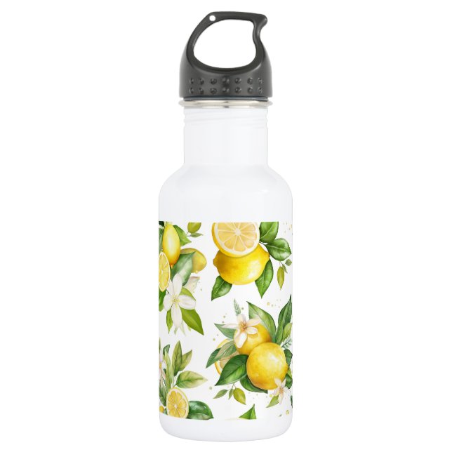 Botella De Agua Patrón de limón, flores de limón, hojas, cítricos (Anverso)
