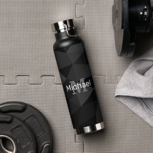 Botella De Agua Patrón de malla geométrica gris oscuro Monograma