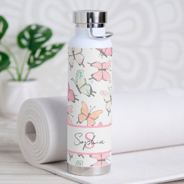 Botella De Agua Patrón de mariposa con nombre y monograma