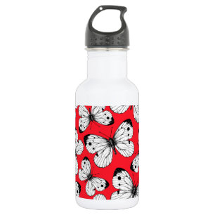 Botella De Agua Patrón de mariposa de col sobre rojo