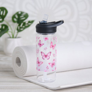 Botella De Agua Patrón de mariposas y flores rosadas