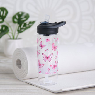 Botella De Agua Patrón de mariposas y flores rosadas