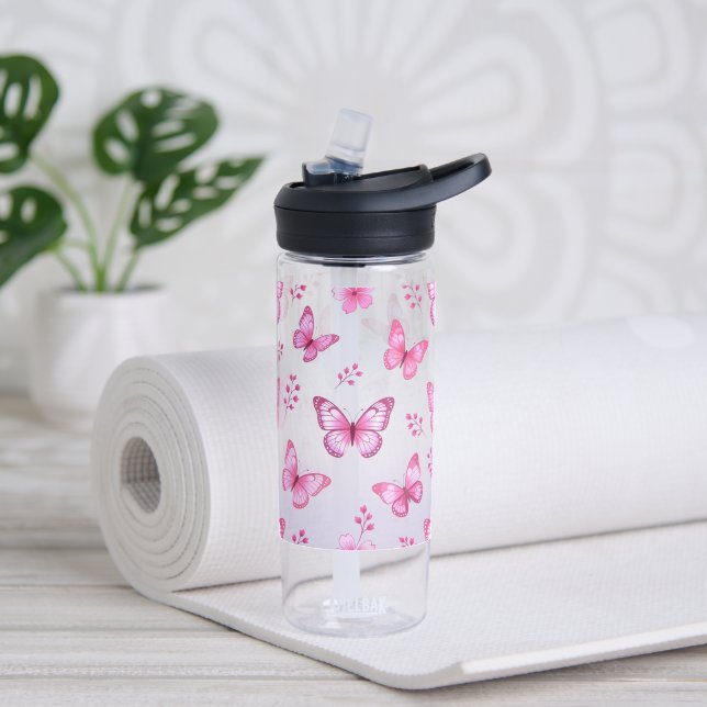 Botella De Agua Patrón de mariposas y flores rosadas (Yoga)