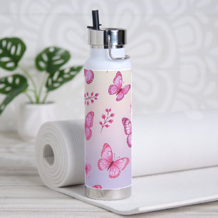 Botella De Agua Patrón de mariposas y flores rosadas