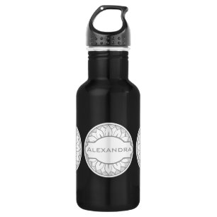Botella De Agua Patrón de medallón moderno gris y rosa Monograma