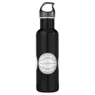 Botella De Agua Patrón de medallón moderno gris y rosa monogramo