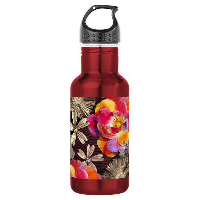 Botella De Agua Patrón de negrita floral boho - Rosa gris rosado (Anverso)