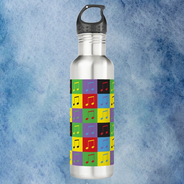 Botella De Agua Patrón de notas de música Pop Art Rainbow (A water bottle with a colorful pop art music note pattern)