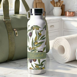 Botella De Agua Patrón de olivo de estilo francés en verde salvia 