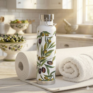 Botella De Agua Patrón de olivo en acuarela verde salvia estilo fr