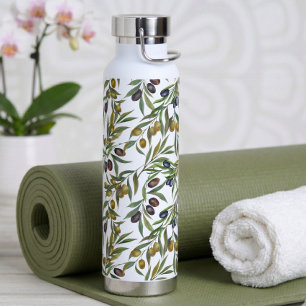 Botella De Agua Patrón de olivo en acuarela verde salvia estilo fr