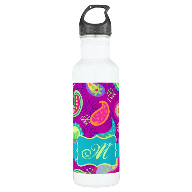 Botella De Agua Patrón de paisley moderno turquesa magenta púrpura (Anverso)