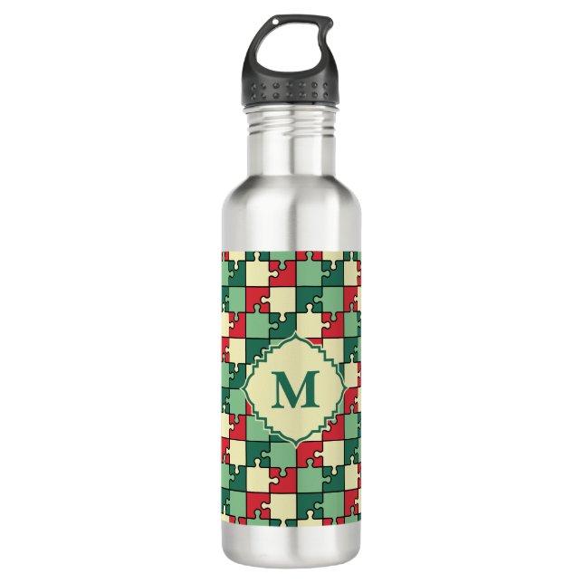 Botella De Agua Patrón de piezas del rompecabezas geométrico verde (Anverso)