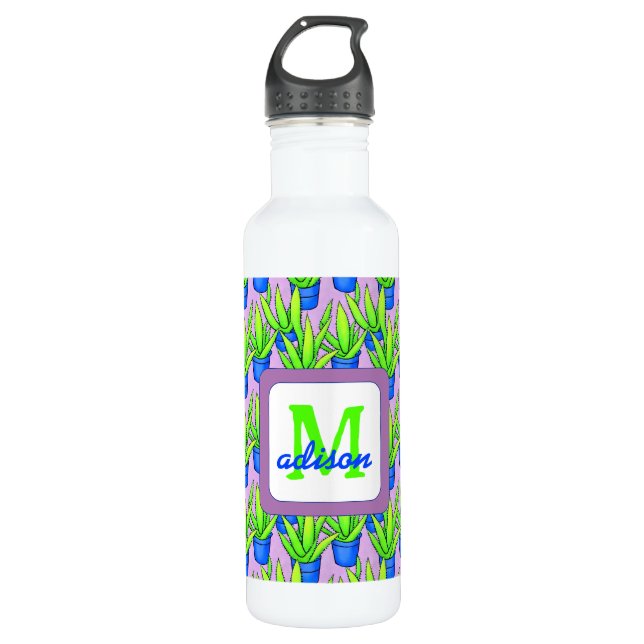 Botella De Agua Patrón de plantas de aloe vera monogramado (Anverso)
