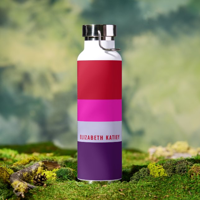 Botella De Agua Patrón de rayas rojas, rosadas y púrpura (Exterior)