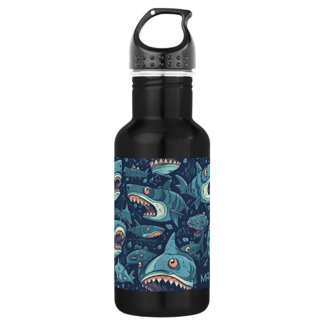 Botella De Agua Patrón de tiburones de nombre personalizado (Anverso)