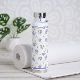 Botella De Agua Patrón de toile botánico de hortensia azul y blanc
