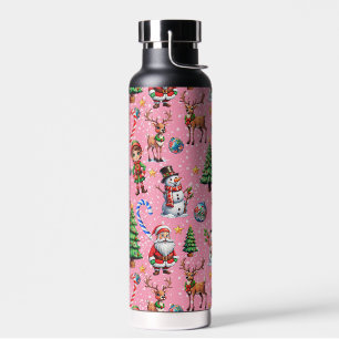 Botella De Agua Patrón decorativo de Navidad con fondo rosa