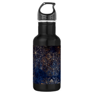 Botella De Agua Patrón elegante dorado y azul oscuro de Mandala