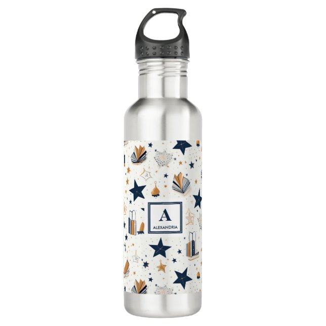 Botella De Agua Patrón elegante personalizado de estrellas azules  (Anverso)