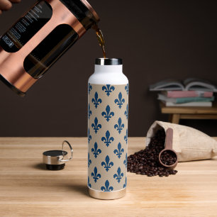 Botella De Agua Patrón Fleur de Lis, azul francés real en crema