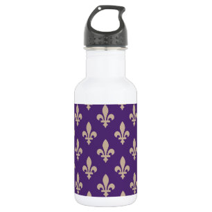Botella De Agua Patrón Flor de Lis, Crema Real Francesa sobre Púrp