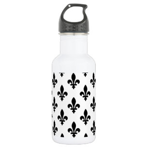 Botella De Agua Patrón Flor de Lis, Real Francés, Negro sobre Blan