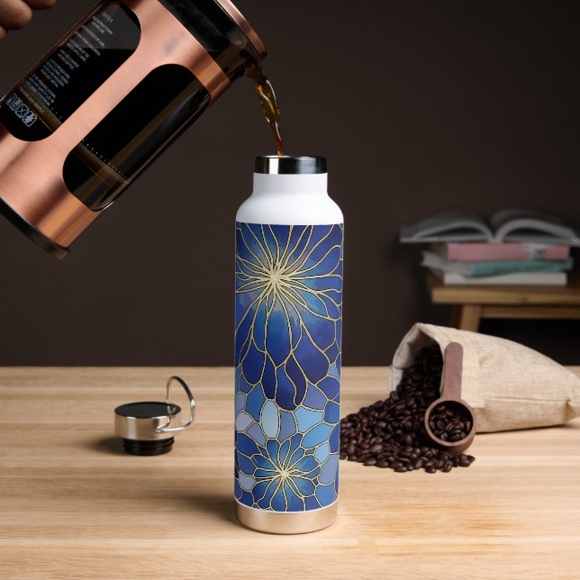 Botella De Agua Patrón Floral Azul Moderno Oro (Café (girado))