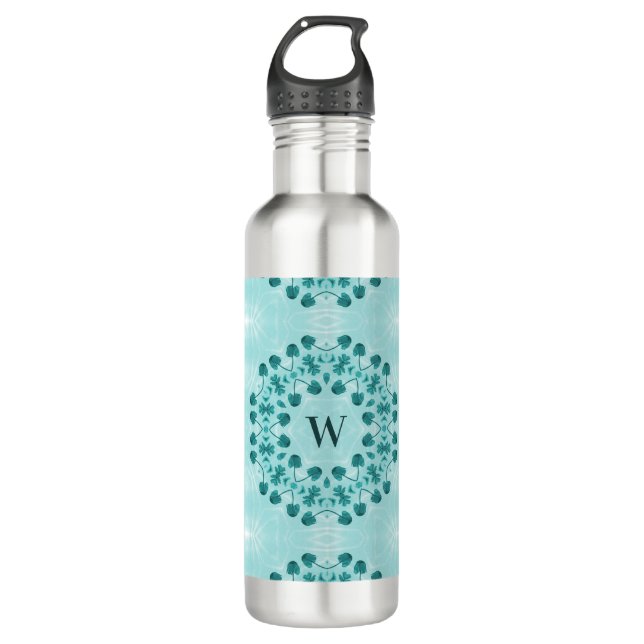 Botella De Agua Patrón floral, azul Verde azulado inicial (Anverso)