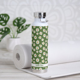 Botella De Agua Patrón floral Boho Daisy Verde Nombre 