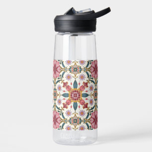 Botella De Agua Patrón Floral Boho en Rojo, Rosa y Verde Azulado