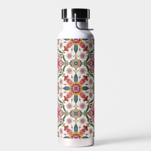 Botella De Agua Patrón floral boho en rojo, rosa y verde teal