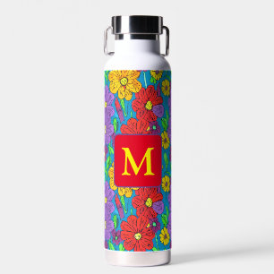 Botella De Agua Patrón floral bonito monogramado
