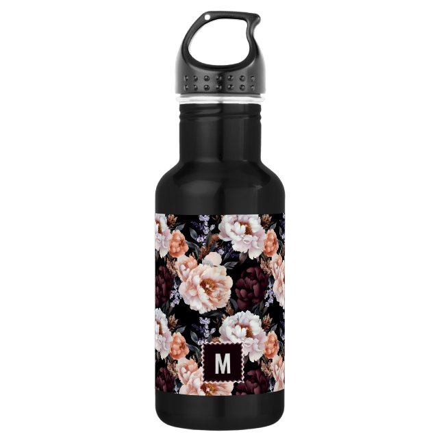 Botella De Agua Patrón floral de Borgoña Peonies | Inicial (Anverso)