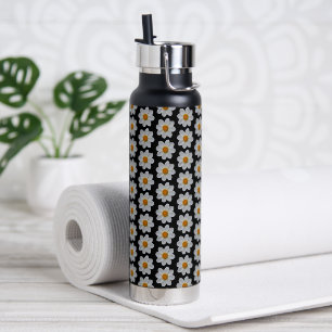 Botella De Agua Patrón floral de Dahlia blanca en negro