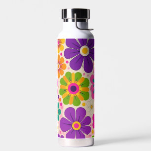 Botella De Agua Patrón floral de flores retro coloridas