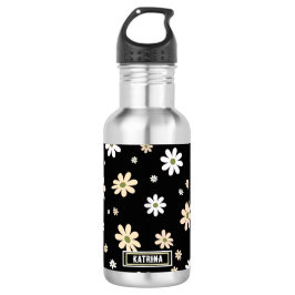 Botella De Agua Patrón floral de margarita retro Boho negro person