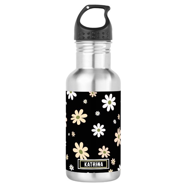Botella De Agua Patrón floral de margarita retro Boho negro person (Anverso)