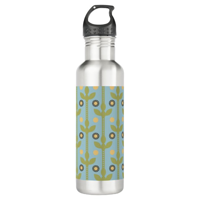 Botella De Agua Patrón floral folclórico retro verde y azul cúbico (Anverso)