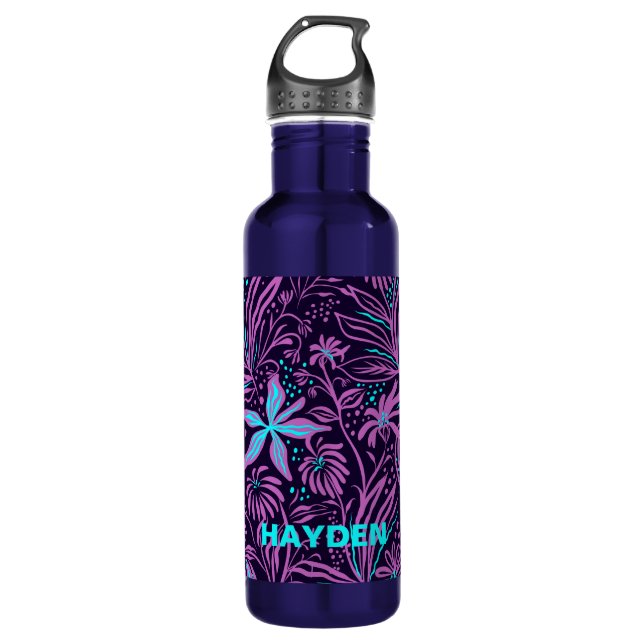 Botella De Agua Patrón floral negro oscuro moderno personalizado (Anverso)