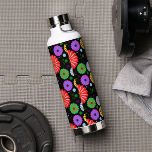 Botella De Agua Patrón floral retro brillante de arte popular colo