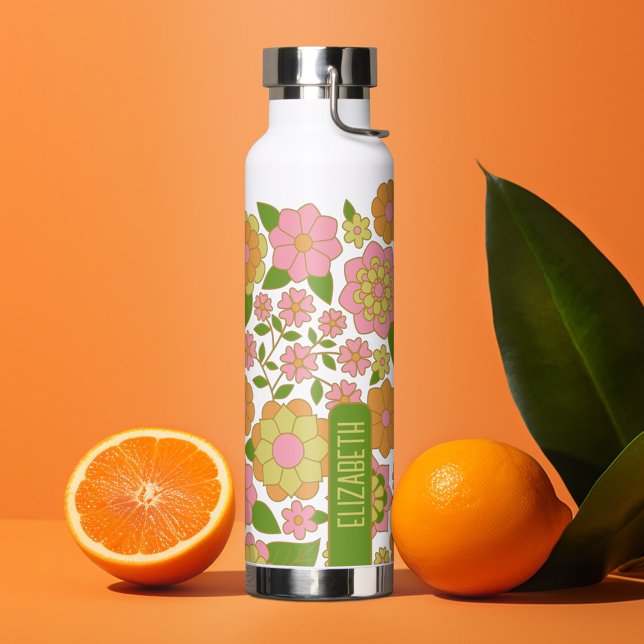 Botella De Agua Patrón floral retro de moda con bloque de nombres (Personalized water bottle with custom text - funky flowers)
