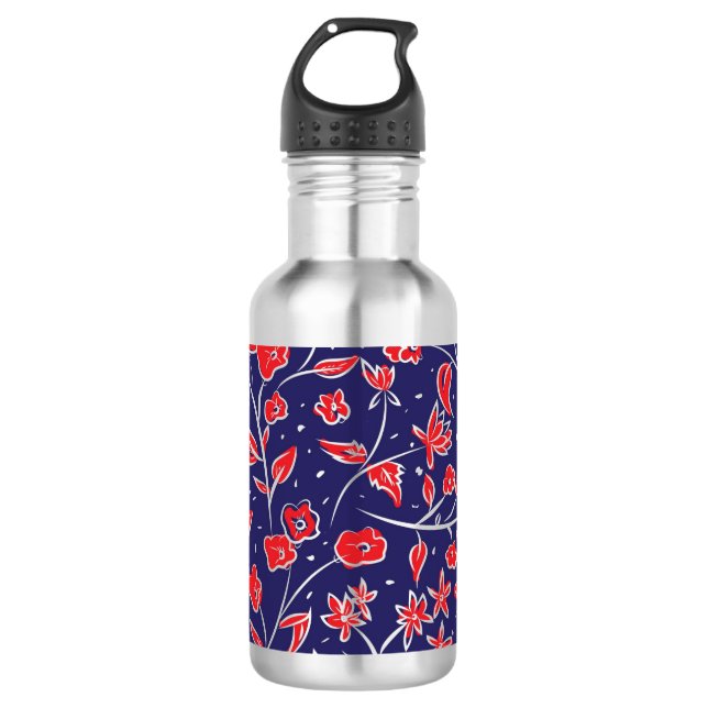 Botella De Agua Patrón floral rojo y azul (Anverso)