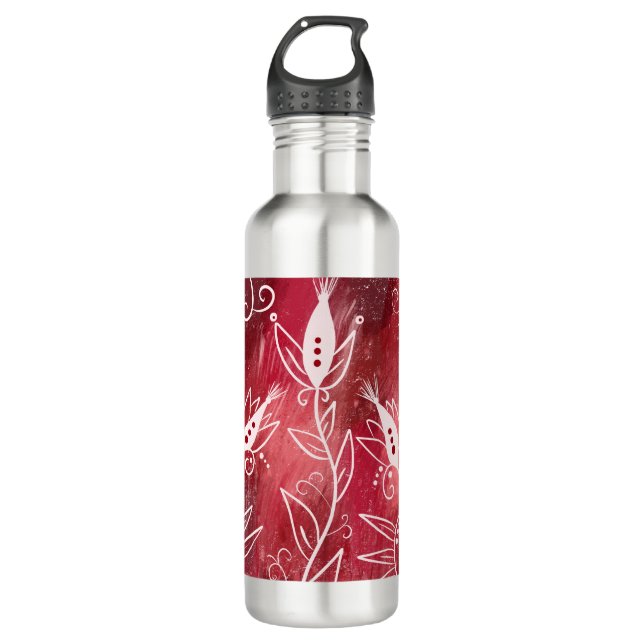 Botella De Agua Patrón floral rojo y blanco (Anverso)