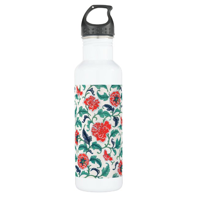 Botella De Agua Patrón floral rojo y verde (Anverso)