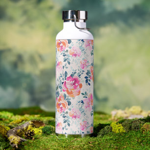 Botella De Agua Patrón floral rosa y Verde azulado