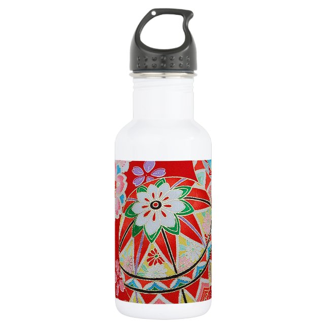 Botella De Agua Patrón floral, textil de KIMONO japonés (Anverso)
