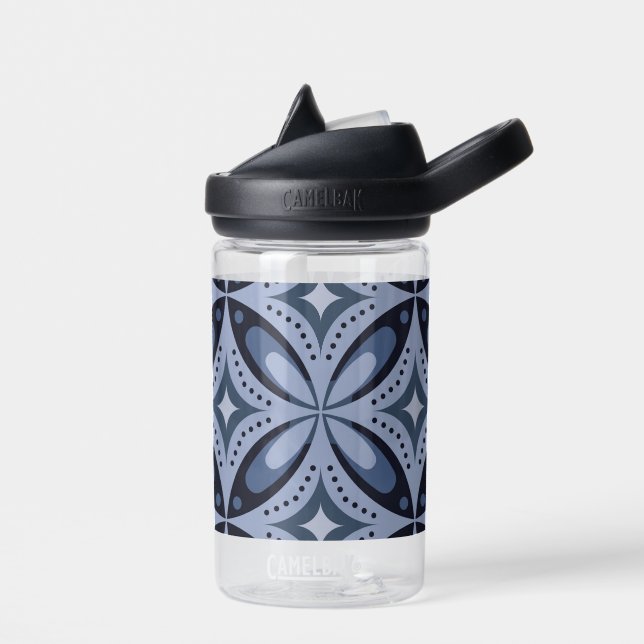 Botella De Agua Patrón geométrico azul estilo retro (Izquierdo)