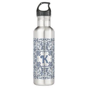 Botella De Agua Patrón gráfico floral azul Fancy Personalizado
